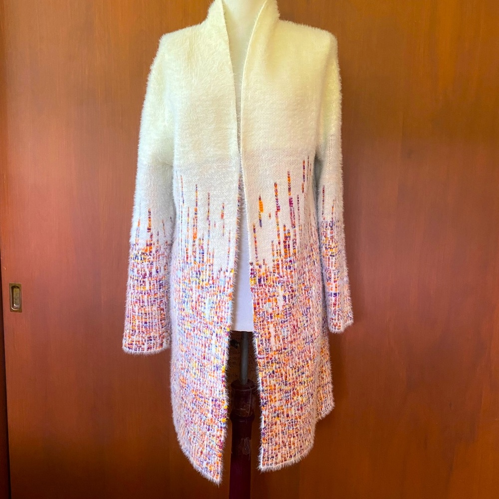 Fuzzy Open-Front Ombre Cardigan Sweater in Cream and Multicolor